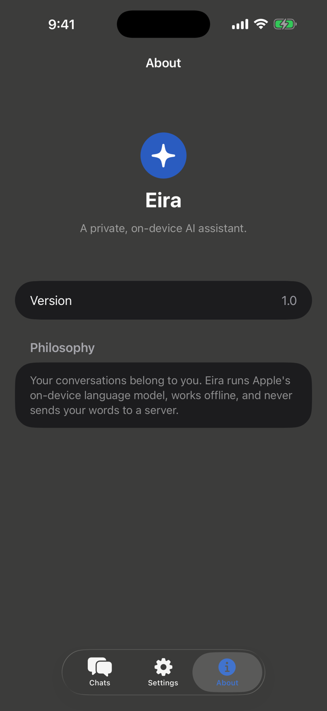 Eira about screen explaining that conversations stay on the iPhone