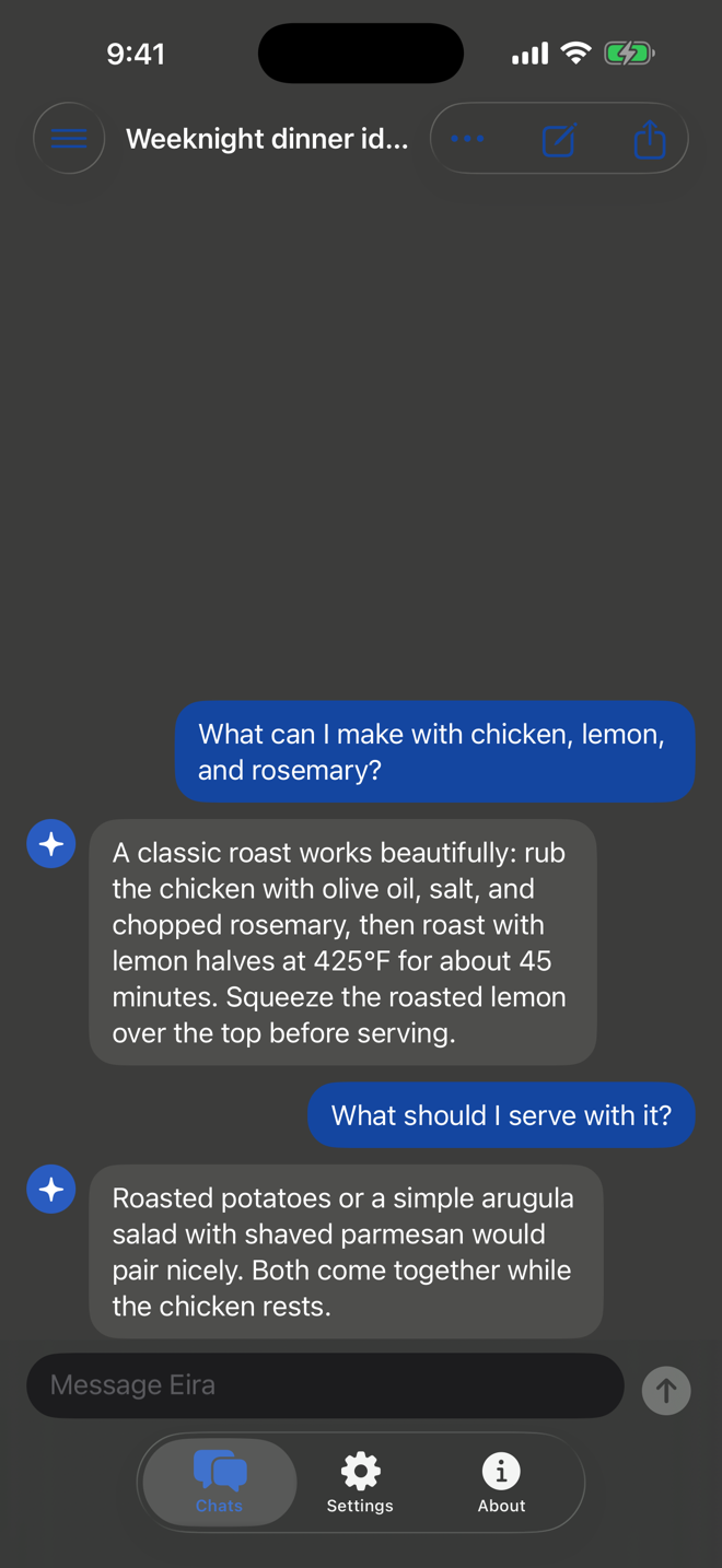 Eira chat on iPhone showing an on-device conversation about a weeknight dinner