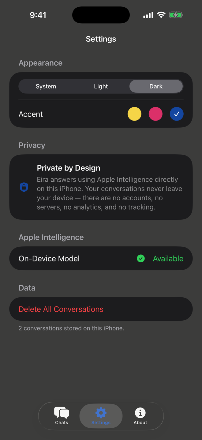 Eira settings screen with appearance, privacy, Apple Intelligence, and local data controls