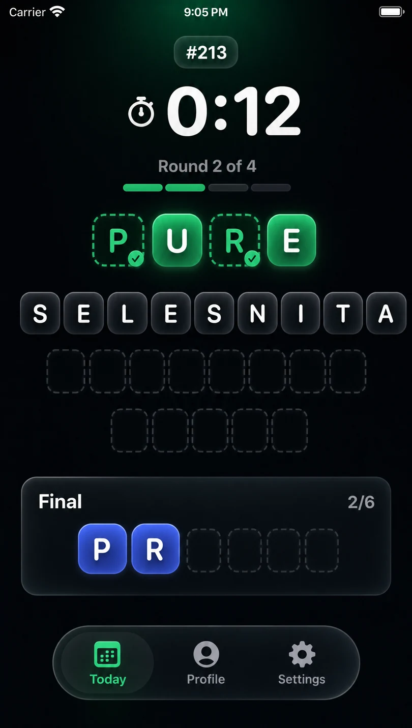 Jix gameplay — unscrambling the word PURE in dark mode
