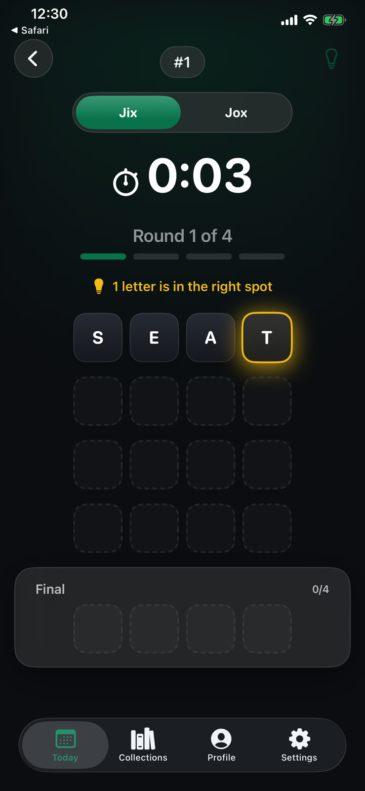 Daily Jix clue showing SEAT with the final T highlighted yellow for the answer EAST