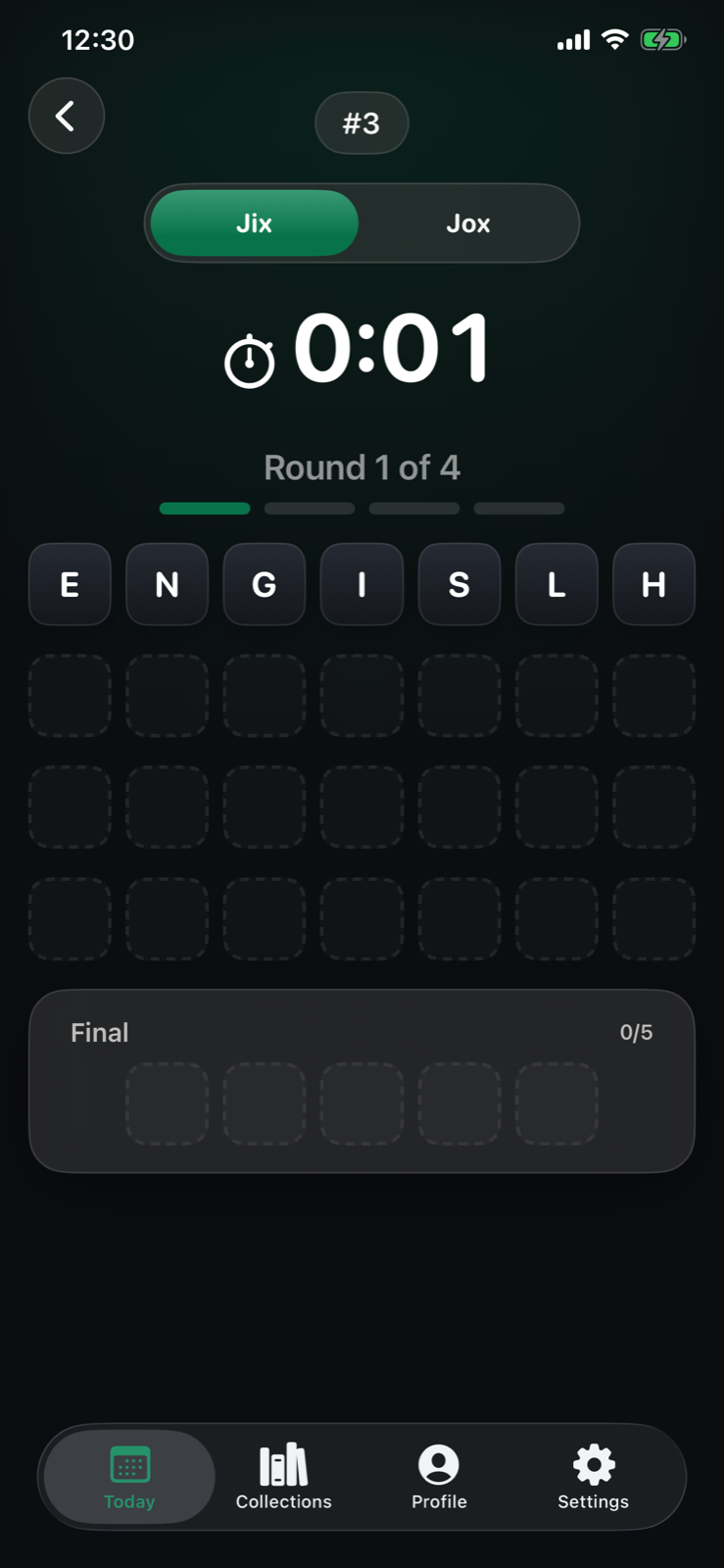 Jix gameplay with scrambled letter tiles and four rounds