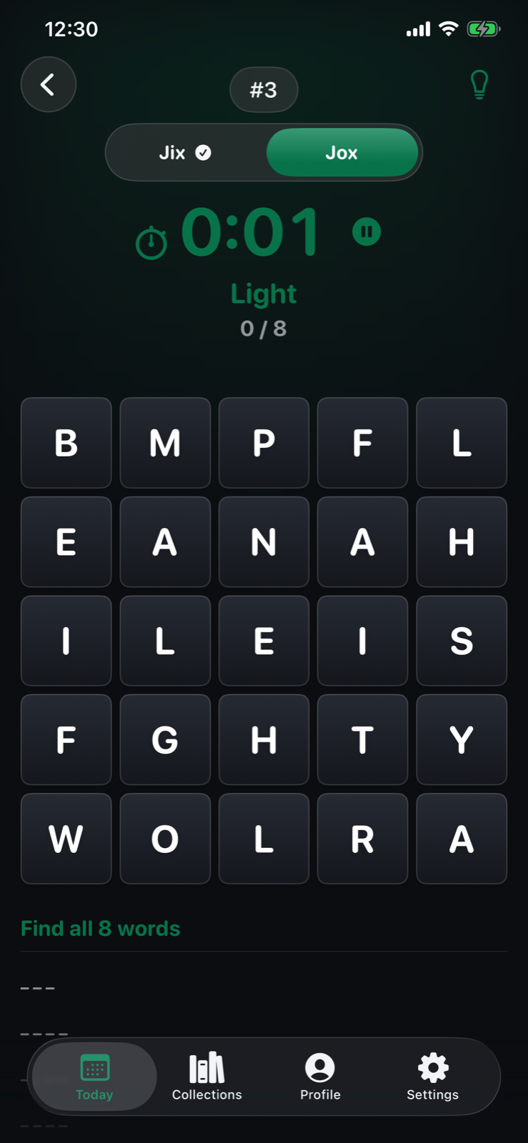 Jox gameplay with a five by five letter grid and target words
