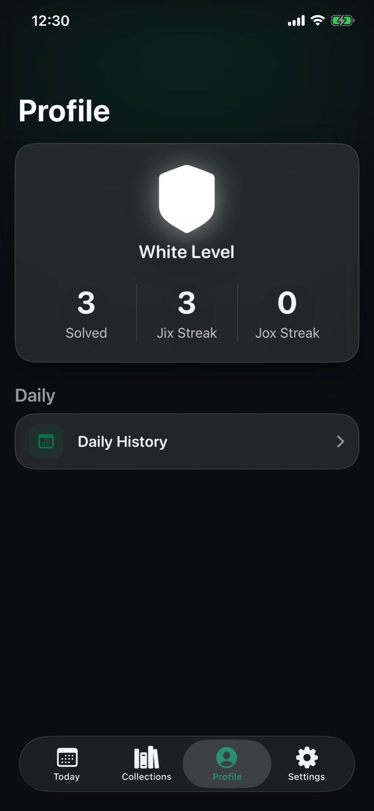 Jix profile showing solved count plus separate Jix and Jox streaks