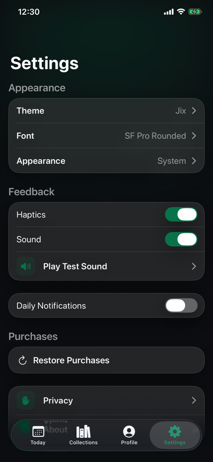 Jix settings for appearance, sound, haptics, notifications, purchases, and privacy