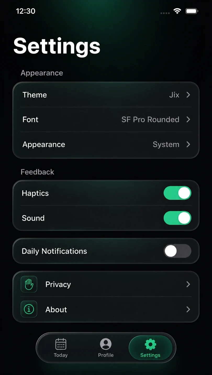 Jix settings — theme, font, haptics and sound