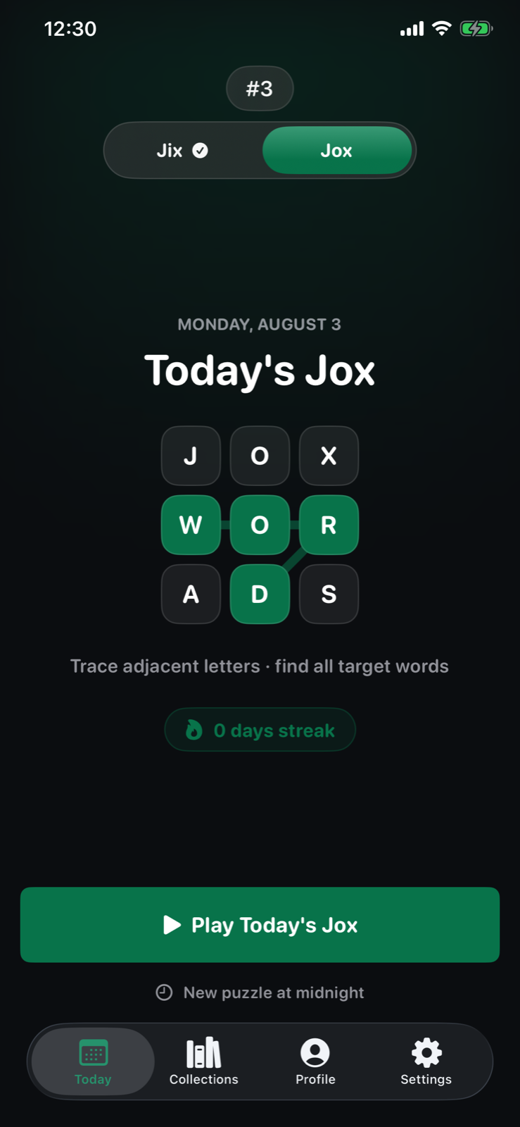 Today's Jox daily letter-grid screen